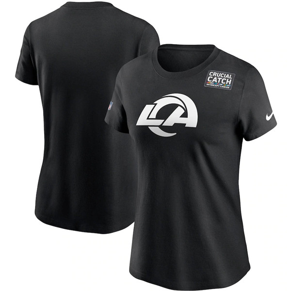 Women's Los Angeles Rams 2020 Black Sideline Crucial Catch Performance NFL T-Shirt(Run Small) - Click Image to Close